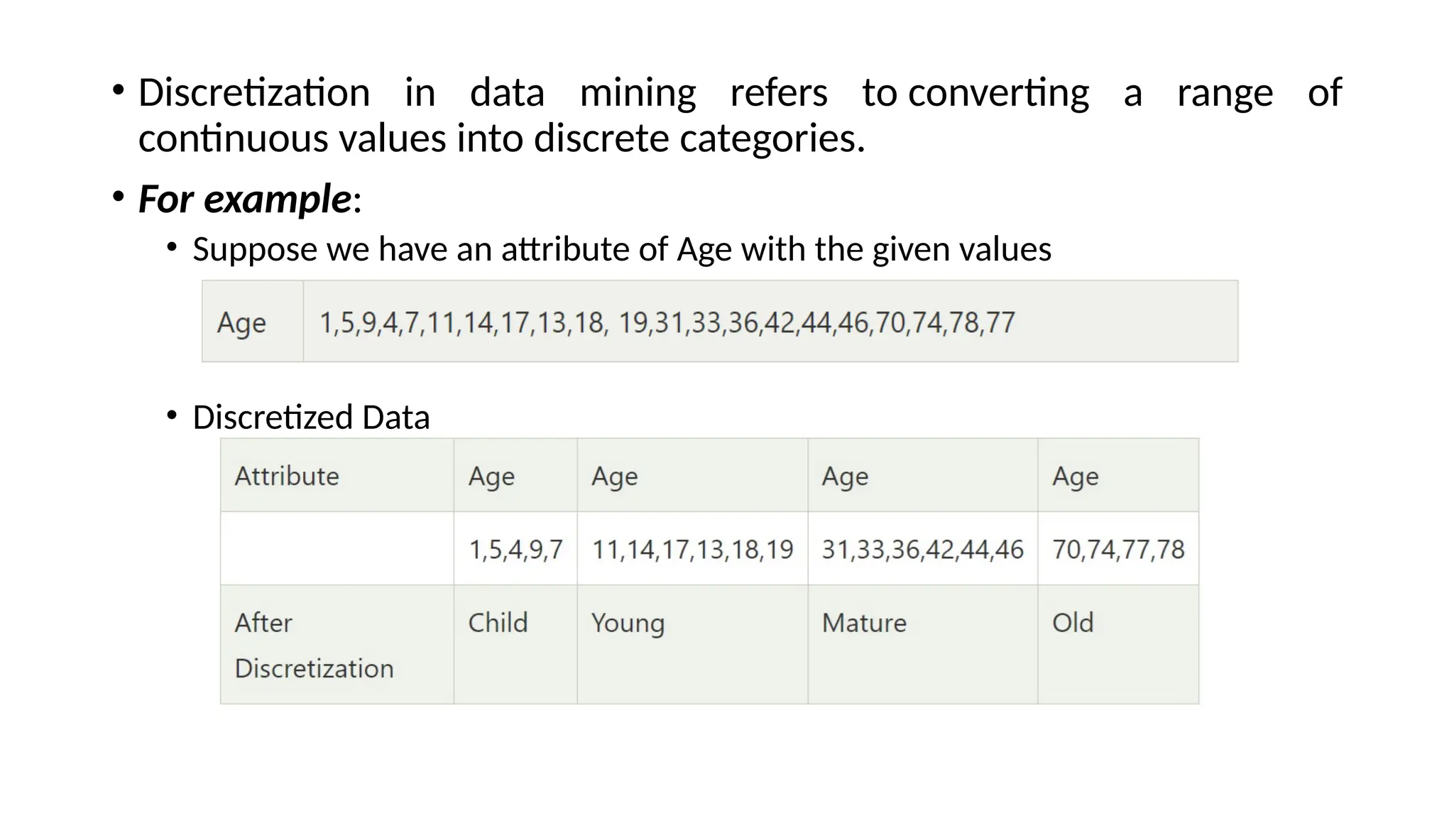 • Discretization in data mining refers to converting a range of
continuous values into discrete categories.
• For example:
• Suppose we have an attribute of Age with the given values
• Discretized Data
 