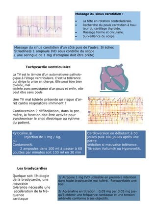 Massage du sinus carotidien :

                                            •    La tête en rotation controlatérale.
                                            •    Recherche du pouls carotidien à hau-
                                                 teur du cartilage thyroïde.
                                            •    Massage ferme et circulaire.
                                            •    Surveillance du scope.


 Massage du sinus carotidien d’un côté puis de l’autre. Si échec
 Striadine® 1 ampoule IVD sous contrôle du scope
 ( une seringue de 1 mg d’atropine doit être prête)


         Tachycardie ventriculaire

La TV est le témoin d’un automatisme patholo-
gique à l’étage ventriculaire. C’est la tolérance
qui dirige la prise en charge. Elle peut être bien
tolérée, mal
tolérée avec persistance d’un pouls et enfin, elle
peut être sans pouls.

Une TV mal tolérée présente un risque d’ar-
rêt cardio respiratoire imminent !

Cardioversion ? défibrillation, dans la pre-
mière, la fonction doit être activée pour
synchroniser le choc électrique au rythme
du patient.


Xylocaïne.®                                          Cardioversion en débutant à 50
       Injection de 1 mg / Kg.                       joules puis 100 joules après une
ou                                                   petite
Cordarone®.                                          sédation si mauvaise tolérance.
    2 ampoules dans 100 ml à passer à 60             Titration Valium® ou Hypnovel®.
gouttes par minutes soit 100 ml en 30 min




   Les bradycardies

Quelque soit l’étiologie        1/ Atropine 1 mg IVD utilisable en première intention
de la bradycardie, une          dans toute bradycardie mal toléré. Renouvelable une
mauvaise                        fois.
tolérance nécessite une
 accélération de la fré-        2/ Adrénaline en titration : 0,05 mg par 0,05 mg jus-
quence                          qu’à obtenir une fréquence cardiaque et une tension
cardiaque                       artérielle conforme à ses objectifs.
 