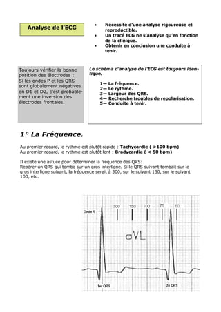 •     Nécessité d’une analyse rigoureuse et
   Analyse de l’ECG                        reproductible.
                                     •     Un tracé ECG ne s’analyse qu’en fonction
                                           de la clinique.
                                     •     Obtenir en conclusion une conduite à
                                           tenir.



Toujours vérifier la bonne        Le schéma d’analyse de l’ECG est toujours iden-
position des électrodes :         tique.
Si les ondes P et les QRS
                                         1— La fréquence.
sont globalement négatives
                                         2— Le rythme.
en D1 et D2, c’est probable-             3— Largeur des QRS.
ment une inversion des                   4— Recherche troubles de repolarisation.
électrodes frontales.                    5— Conduite à tenir.




1° La Fréquence.
Au premier regard, le rythme est plutôt rapide : Tachycardie ( >100 bpm)
Au premier regard, le rythme est plutôt lent : Bradycardie ( < 50 bpm)

Il existe une astuce pour déterminer la fréquence des QRS:
Repérer un QRS qui tombe sur un gros interligne. Si le QRS suivant tombait sur le
gros interligne suivant, la fréquence serait à 300, sur le suivant 150, sur le suivant
100, etc.
 