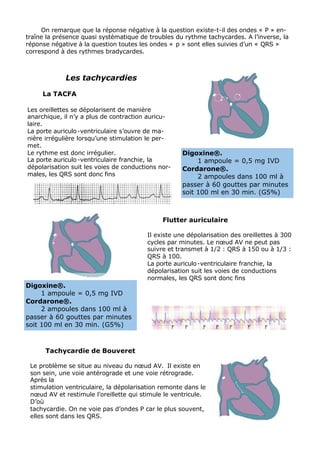 On remarque que la réponse négative à la question existe-t-il des ondes « P » en-
traîne la présence quasi systématique de troubles du rythme tachycardes. A l’inverse, la
réponse négative à la question toutes les ondes « p » sont elles suivies d’un « QRS »
correspond à des rythmes bradycardes.



             Les tachycardies

     La TACFA

Les oreillettes se dépolarisent de manière
anarchique, il n’y a plus de contraction auricu-
laire.
La porte auriculo -ventriculaire s’ouvre de ma-
nière irrégulière lorsqu’une stimulation le per-
met.
Le rythme est donc irrégulier.                       Digoxine®.
La porte auriculo -ventriculaire franchie, la             1 ampoule = 0,5 mg IVD
dépolarisation suit les voies de conductions nor-    Cordarone®.
males, les QRS sont donc fins                             2 ampoules dans 100 ml à
                                                     passer à 60 gouttes par minutes
                                                     soit 100 ml en 30 min. (G5%)



                                              Flutter auriculaire

                                         Il existe une dépolarisation des oreillettes à 300
                                         cycles par minutes. Le nœud AV ne peut pas
                                         suivre et transmet à 1/2 : QRS à 150 ou à 1/3 :
                                         QRS à 100.
                                         La porte auriculo -ventriculaire franchie, la
                                         dépolarisation suit les voies de conductions
                                         normales, les QRS sont donc fins
Digoxine®.
     1 ampoule = 0,5 mg IVD
Cordarone®.
     2 ampoules dans 100 ml à
passer à 60 gouttes par minutes
soit 100 ml en 30 min. (G5%)



      Tachycardie de Bouveret

 Le problème se situe au niveau du nœud AV. Il existe en
 son sein, une voie antérograde et une voie rétrograde.
 Après la
 stimulation ventriculaire, la dépolarisation remonte dans le
 nœud AV et restimule l’oreillette qui stimule le ventricule.
 D’où
 tachycardie. On ne voie pas d’ondes P car le plus souvent,
 elles sont dans les QRS.
 