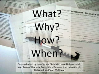 What?
Why?
How?
When?
Survey devised by: Jane Secker, Chris Morrison, Philippa Hatch,
Alex Fenlon, Charlotte Booth, Carol Summerside, Helen Cargill,
Phil Ansell and Scott McGowan
 