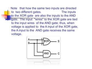  Note that how the same two inputs are directed
to two different gates. The inputs
to the XOR gate are also the inputs to the AND
gate. The input "wires" to the XOR gate are tied
to the input wires of the AND gate; thus, when
voltage is applied to the A input of the XOR gate,
the A input to the AND gate receives the same
voltage.
 