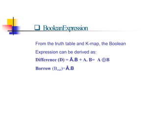  BooleanExpression
From the truth table and K-map, the Boolean
Expression can be derived as:
Difference (D) = Ā.B + A. 𝐁= A ⊕B
Borrow (Bout)=Ā.B
 