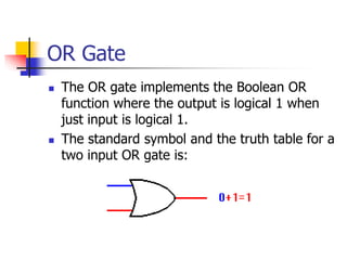 OR Gate
 The OR gate implements the Boolean OR
function where the output is logical 1 when
just input is logical 1.
 The standard symbol and the truth table for a
two input OR gate is:
 