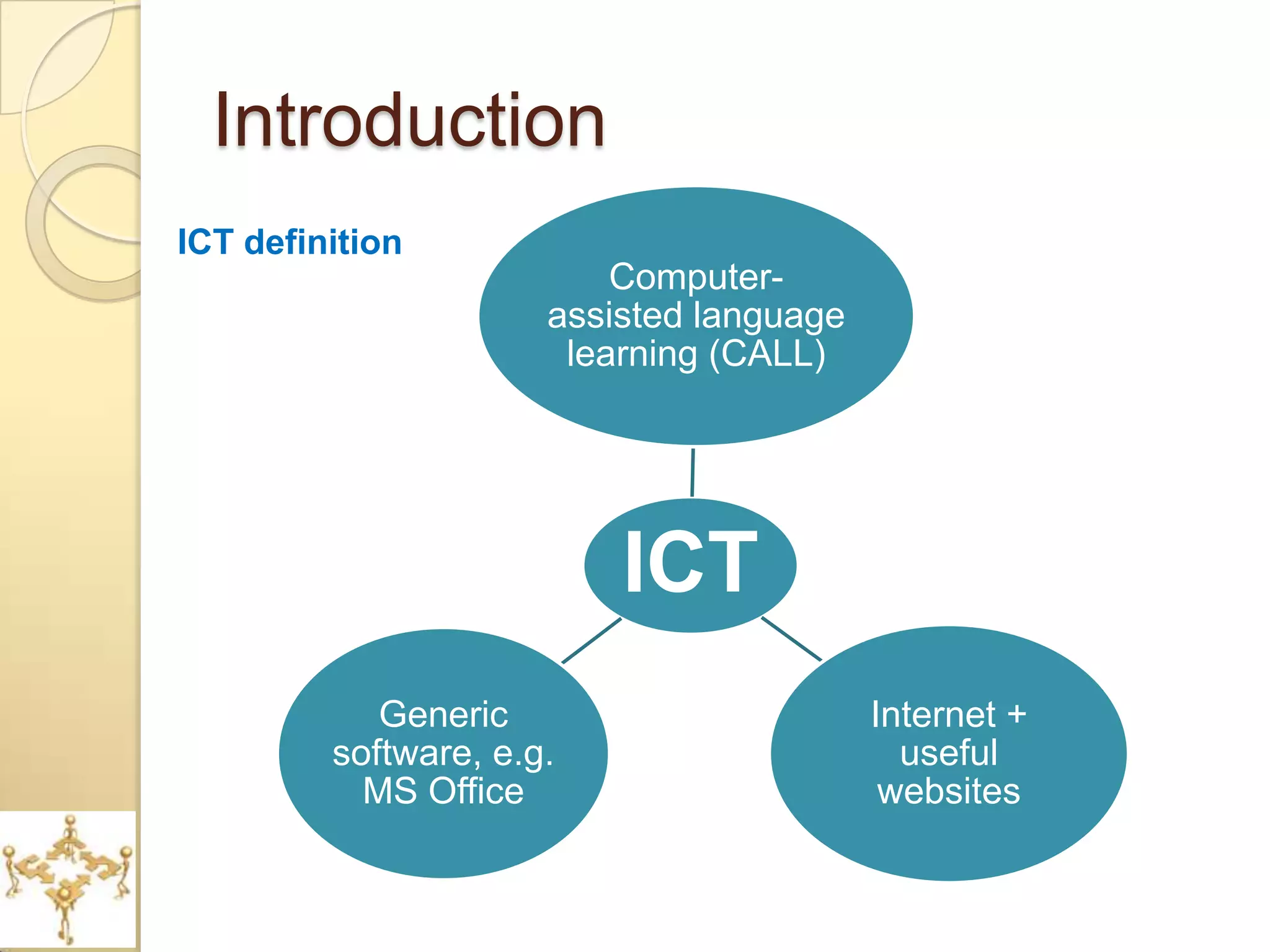 Introduction
ICT definition
                          Computer-
                      assisted language
                       learning (CALL)




                          ICT
            Generic                       Internet +
         software, e.g.                     useful
           MS Office                       websites
 