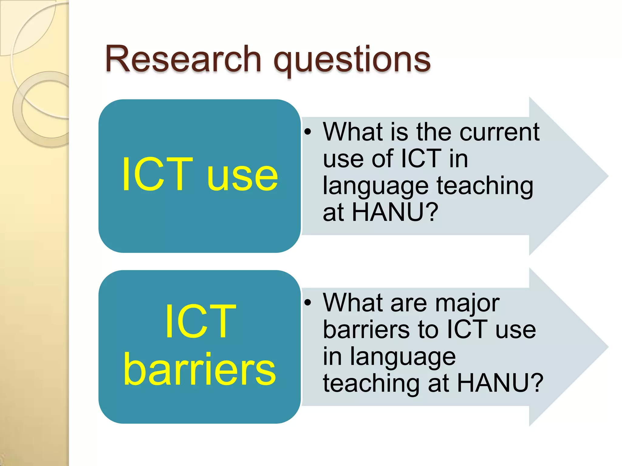 Research questions
           • What is the current
             use of ICT in
ICT use      language teaching
             at HANU?


           • What are major
  ICT        barriers to ICT use
             in language
barriers     teaching at HANU?
 