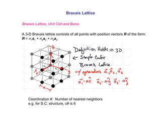 Bravais Lattice
A 3-D Bravais lattice consists of all points with position vectors R of the form:
R = n1a1 + n2a2 + n3a3
Coordination #: Number of nearest neighbors
e.g. for S.C. structure, c# is 6
Bravais Lattice, Unit Cell and Basis
 
