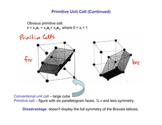 Primitive Unit Cell (Continued)
Obvious primitive cell:
r = x1a1 + x2a2+ x3a3, where 0 < xi < 1
Disadvantage: doesn't display the full symmetry of the Bravais lattices.
Conventional unit cell – large cube
Primitive cell – figure with six parallelogram faces, ¼ v and less symmetry
 
