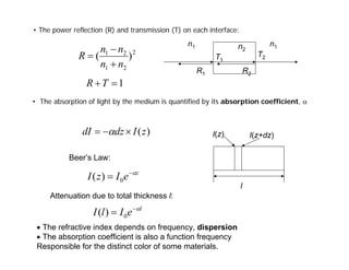 • The power reflection (R) and transmission (T) on each interface:
• The refractive index depends on frequency, dispersion
• The absorption coefficient is also a function frequency
Responsible for the distinct color of some materials.
• The absorption of light by the medium is quantified by its absorption coefficient, α
2
2
1
2
1
)
(
n
n
n
n
R
+
−
=
n1 n2
n1
R1
T1
T2
R2
1
=
+T
R
I(z) I(z+dz)
)
(z
I
dz
dI ×
−
= α
Beer’s Law:
z
e
I
z
I α
−
= 0
)
(
Attenuation due to total thickness l:
l
e
I
l
I α
−
= 0
)
(
l
 