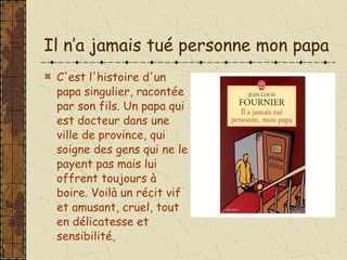 Il n’a jamais tué personne mon papa C'est l'histoire d'un papa singulier, racontée par son fils. Un papa qui est docteur dans une ville de province, qui soigne des gens qui ne le payent pas mais lui offrent toujours à boire. Voilà un récit vif et amusant, cruel, tout en délicatesse et sensibilité,  