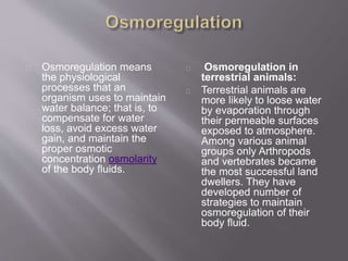 Osmoregulation means 
the physiological 
processes that an 
organism uses to maintain 
water balance; that is, to 
compensate for water 
loss, avoid excess water 
gain, and maintain the 
proper osmotic 
concentration osmolarity 
of the body fluids. 
Osmoregulation in 
terrestrial animals: 
Terrestrial animals are 
more likely to loose water 
by evaporation through 
their permeable surfaces 
exposed to atmosphere. 
Among various animal 
groups only Arthropods 
and vertebrates became 
the most successful land 
dwellers. They have 
developed number of 
strategies to maintain 
osmoregulation of their 
body fluid. 
 