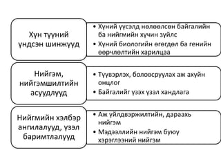 • Хүний үүсэлд нөлөөлсөн байгалийн
ба нийгмийн хүчин зүйлс
• Хүний биологийн өгөгдөл ба генийн
өөрчлөлтийн харилцаа
Хүн түүний
үндсэн шинжүүд
• Түүвэрлэх, боловсруулах аж ахуйн
онцлог
• Байгалийг үзэх үзэл хандлага
Нийгэм,
нийгэмшилтийн
асуудлууд
• Аж үйлдвэржилтийн, дараахь
нийгэм
• Мэдээллийн нийгэм буюу
хэрэглээний нийгэм
Нийгмийн хэлбэр
ангилалууд, үзэл
баримтлалууд
 