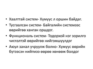 • Хаалттай систем- Хүмүүс л оршин байдаг.
• Тусгаалсан систем- Байгалийн системээс
өөрийгөө ханган оршдог.
• Функциональ систем- Тодорхой нэг зорилго
чиглэлтэй өөрийгөө нийгэмшүүлдэг
• Аюул занал учруулж болно- Хүмүүс өөрийн
бүтээсэн нийгмээ өөрөө хөнөөж болдог
 