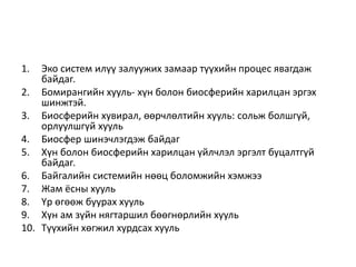 1. Эко систем илүү залуужих замаар түүхийн процес явагдаж
байдаг.
2. Бомирангийн хууль- хүн болон биосферийн харилцан эргэх
шинжтэй.
3. Биосферийн хувирал, өөрчлөлтийн хууль: сольж болшгүй,
орлуулшгүй хууль
4. Биосфер шинэчлэгдэж байдаг
5. Хүн болон биосферийн харилцан үйлчлэл эргэлт буцалтгүй
байдаг.
6. Байгалийн системийн нөөц боломжийн хэмжээ
7. Жам ёсны хууль
8. Үр өгөөж буурах хууль
9. Хүн ам зүйн нягтаршил бөөгнөрлийн хууль
10. Түүхийн хөгжил хурдсах хууль
 