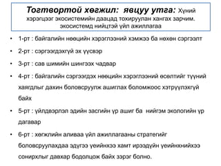 Тогтвортой хөгжил: явцуу утга: Хүний
хэрэгцээг экосистемийн даацад тохируулан хангах зарчим.
экосистемд нийцтэй үйл ажиллагаа
• 1-рт : байгалийн нөөцийн хэрэглээний хэмжээ ба нөхөн сэргээлт
• 2-рт : сэргээгдэхгүй эх үүсвэр
• 3-рт : сав шимийн шингээх чадвар
• 4-рт : байгалийн сэргээгдэх нөөцийн хэрэглээний өсөлтийг түүний
хаягдлыг дахин боловсруулж ашиглах боломжоос хэтрүүлэхгүй
байх
• 5-рт : үйлдвэрлэл эдийн засгийн үр ашиг ба нийгэм экологийн үр
дагавар
• 6-рт : хөгжлийн аливаа үйл ажиллагааны стратегийг
боловсруулахдаа эдүгээ үеийнхээ хамт ирээдүйн үеийнхнийхээ
сонирхлыг давхар бодолцож байх зэрэг болно.
 
