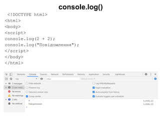 console.log()
<!DOCTYPE html>
<html>
<body>
<script>
console.log(2 + 2);
console.log("Повідомлення");
</script>
</body>
</html>
 