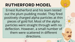 Ernest Rutherford and his team tested
out the plum pudding model. They fired
positively charged alpha particles at thin
pieces of gold foil. Most of the alpha
particles went straight through with no
deflection. However, a small number of
them were scattered in different
directions.
 