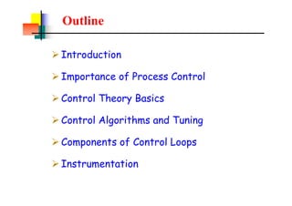 Outline
? Introduction
? Importance of Process Control
? Control Theory Basics
? Control Algorithms and Tuning
? Components of Control Loops
? Instrumentation
 