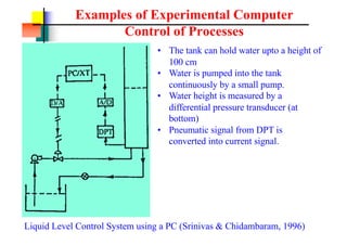 Examples of Experimental Computer
Control of Processes
Liquid Level Control System using a PC (Srinivas & Chidambaram, 1996)
? The tank can hold water upto a height of
100 cm
? Water is pumped into the tank
continuously by a small pump.
? Water height is measured by a
differential pressure transducer (at
bottom)
? Pneumatic signal from DPT is
converted into current signal.
 