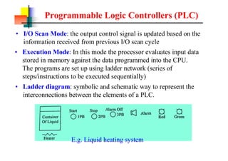Programmable Logic Controllers (PLC)
? I/O Scan Mode: the output control signal is updated based on the
information received from previous I/O scan cycle
? Execution Mode: In this mode the processor evaluates input data
stored in memory against the data programmed into the CPU.
The programs are set up using ladder network (series of
steps/instructions to be executed sequentially)
? Ladder diagram: symbolic and schematic way to represent the
interconnections between the elements of a PLC.
E.g. Liquid heating system
 
