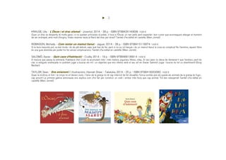 3
KRAUSE, Ute. - L´Òscar i el drac afamat. - Joventut, 2014. - 28 p. - ISBN 9788426140838. 14,00 €
Quan un drac es desperta, té molta gana i si no queden princeses al poble... li toca a l’Òscar, un nen petit, però espavilat i bon cuiner que aconsegueix allargar el moment
de ser endrapat, amb molt d'enginy. Voleu reservar taula al Racó del drac per dinar? També s'ha editat en castellà. (Marc Jornet)
ROBINSON, Michelle. - Com rentar un mamut llanut. - Jaguar, 2014. - 28 p. - ISBN 9788415116974. 14,00 €
Si la teva mascota put, va ben bruta i és de pèl delicat, saps què has de fer, però si no es vol banyar i és un mamut llanut la cosa es complica! No t’amoïnis, aquest llibre
és una guia divertida per poder-ho fer sense complicacions. També s'ha editat en castellà. (Marc Jornet)
SALOMÓ, Xavier. - Quin caos d'habitació!. - Cruïlla, 2014. - 19 p. - ISBN 9788466136914. 14,50 €
A mesura que passa la setmana, l’habitació d’en Lluís va acumulant més i més trastos, joguines, llibres, roba... El seu pare no deixa de demanar-li que l’endreci, però és
clar, si estigués endreçada no podríem jugar a buscar els mil i un objectes que ens ofereix amb el seu art en Xavier Salomó! Jugar i buscar és tot un divertiment! (Grup
Bestiari)
TAYLOR, Sean. - Ens enlairem! / il·lustracions: Hannah Shaw. - Takatuka, 2014. - 25 p. - ISBN 9788416003082. 14,00 €
Quan la brutícia, el fum i la ronya no et deixen viure, i l’amo de la granja no té cap intenció de fer dissabte, l’única sortida que els queda als animals de la granja és fugir...
cap amunt! La primera gallina astronauta ens explica com s’ho fan per construir un coet i arribar més lluny que cap animal. Tot ben esbojarrat! També s'ha editat en
castellà. (Marc Jornet)
 