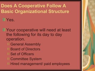Does A Cooperative Follow A Basic Organizational Structure   Yes.  Your cooperative will need at least the following for its day to day operation.  General Assembly  Board of Directors  Set of Officers  Committee System  Hired management/ paid employees  