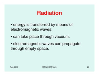 Radiation
• energy is transferred by means of
electromagnetic waves.
• can take place through vacuum.
Aug. 2016 MT/SJEC/M.Tech. 23
• can take place through vacuum.
• electromagnetic waves can propagate
through empty space.
 