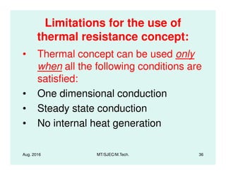 Limitations for the use of
thermal resistance concept:
• Thermal concept can be used only
when all the following conditions are
satisfied:
Aug. 2016 MT/SJEC/M.Tech. 36
• One dimensional conduction
• Steady state conduction
• No internal heat generation
 