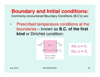 Boundary and Initial conditions:
Commonly encountered Boundary Conditions (B.C’s) are:
• Prescribed temperature conditions at the
boundaries – known as B.C. of the first
kind or Dirichlet condition:
Aug. 2016 MT/SJEC/M.Tech. 52
 