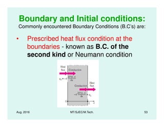 Boundary and Initial conditions:
Commonly encountered Boundary Conditions (B.C’s) are:
• Prescribed heat flux condition at the
boundaries - known as B.C. of the
second kind or Neumann condition
Aug. 2016 MT/SJEC/M.Tech. 53
 