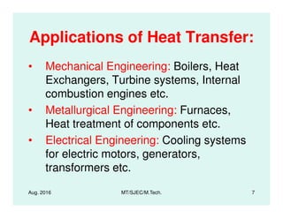 Applications of Heat Transfer:
• Mechanical Engineering: Boilers, Heat
Exchangers, Turbine systems, Internal
combustion engines etc.
• Metallurgical Engineering: Furnaces,
Aug. 2016 MT/SJEC/M.Tech. 7
• Metallurgical Engineering: Furnaces,
Heat treatment of components etc.
• Electrical Engineering: Cooling systems
for electric motors, generators,
transformers etc.
 