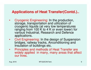 Applications of Heat Transfer(Contd.)..
• Cryogenic Engineering: In the production,
storage, transportation and utilization of
cryogenic liquids (at very low temperatures
ranging from 100 K to 4 K or even lower) for
various Industrial, Research and Defence
applications.
Aug. 2016 MT/SJEC/M.Tech. 9
applications.
• Civil Engineering: In the design of Suspension
bridges, railway tracks, Airconditioning and
Insulation of buildings etc.
• Principles and methods of Heat Transfer are
widely applied in many, many areas that affect
our lives.
 