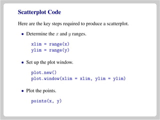 Scatterplot Code
Here are the key steps required to produce a scatterplot.
• Determine the x and y ranges.
xlim = range(x)
ylim = range(y)
• Set up the plot window.
plot.new()
plot.window(xlim = xlim, ylim = ylim)
• Plot the points.
points(x, y)
 
