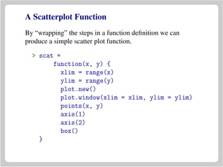 A Scatterplot Function
By “wrapping” the steps in a function deﬁnition we can
produce a simple scatter plot function.
> scat =
function(x, y) {
xlim = range(x)
ylim = range(y)
plot.new()
plot.window(xlim = xlim, ylim = ylim)
points(x, y)
axis(1)
axis(2)
box()
}
 