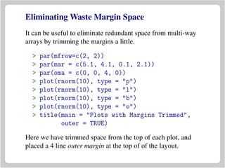 Eliminating Waste Margin Space
It can be useful to eliminate redundant space from multi-way
arrays by trimming the margins a little.
> par(mfrow=c(2, 2))
> par(mar = c(5.1, 4.1, 0.1, 2.1))
> par(oma = c(0, 0, 4, 0))
> plot(rnorm(10), type = "p")
> plot(rnorm(10), type = "l")
> plot(rnorm(10), type = "b")
> plot(rnorm(10), type = "o")
> title(main = "Plots with Margins Trimmed",
outer = TRUE)
Here we have trimmed space from the top of each plot, and
placed a 4 line outer margin at the top of of the layout.
 