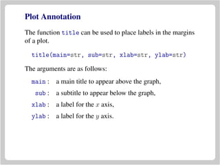 Plot Annotation
The function title can be used to place labels in the margins
of a plot.
title(main=str, sub=str, xlab=str, ylab=str)
The arguments are as follows:
main : a main title to appear above the graph,
sub : a subtitle to appear below the graph,
xlab : a label for the x axis,
ylab : a label for the y axis.
 