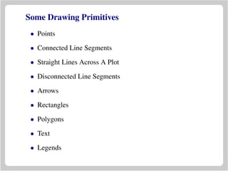 Some Drawing Primitives
• Points
• Connected Line Segments
• Straight Lines Across A Plot
• Disconnected Line Segments
• Arrows
• Rectangles
• Polygons
• Text
• Legends
 