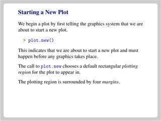 Starting a New Plot
We begin a plot by ﬁrst telling the graphics system that we are
about to start a new plot.
> plot.new()
This indicates that we are about to start a new plot and must
happen before any graphics takes place.
The call to plot.new chooses a default rectangular plotting
region for the plot to appear in.
The plotting region is surrounded by four margins.
 