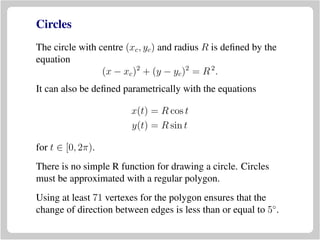Circles
The circle with centre (xc, yc) and radius R is deﬁned by the
equation
(x − xc)2
+ (y − yc)2
= R2
.
It can also be deﬁned parametrically with the equations
x(t) = R cos t
y(t) = R sin t
for t ∈ [0, 2π).
There is no simple R function for drawing a circle. Circles
must be approximated with a regular polygon.
Using at least 71 vertexes for the polygon ensures that the
change of direction between edges is less than or equal to 5◦
.
 