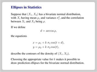 Ellipses in Statistics
Suppose that (X1, X2) has a bivariate normal distribution,
with Xi having mean µi and variance σ2
i , and the correlation
between X1 and X2 being ρ.
If we deﬁne
d = arccos ρ,
the equations
x = µ1 + k σ1 cos(t + d),
y = µ2 + k σ2 cos(t),
describe the contours of the density of (X1, X2).
Choosing the appropriate value for k makes it possible to
draw prediction ellipses for the bivariate normal distribution.
 