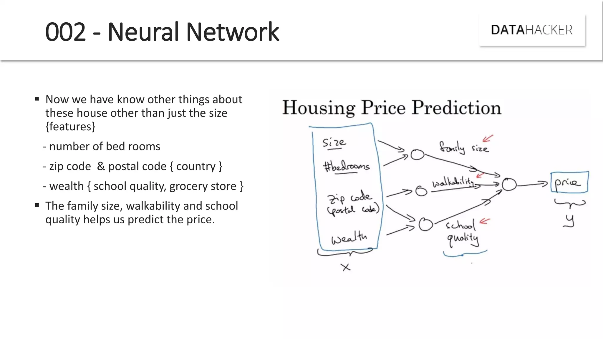 002 - Neural Network
 Now we have know other things about
these house other than just the size
{features}
- number of bed rooms
- zip code & postal code { country }
- wealth { school quality, grocery store }
 The family size, walkability and school
quality helps us predict the price.
 