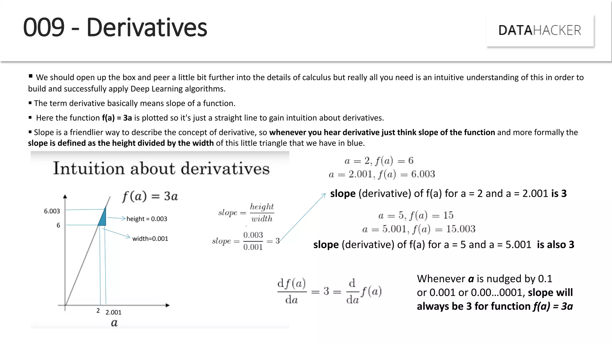 009 - Derivatives
 We should open up the box and peer a little bit further into the details of calculus but really all you need is an intuitive understanding of this in order to
build and successfully apply Deep Learning algorithms.
 The term derivative basically means slope of a function.
 Here the function f(a) = 3a is plotted so it's just a straight line to gain intuition about derivatives.
 Slope is a friendlier way to describe the concept of derivative, so whenever you hear derivative just think slope of the function and more formally the
slope is defined as the height divided by the width of this little triangle that we have in blue.
2
6
2.001
6.003
width=0.001
height = 0.003
slope (derivative) of f(a) for a = 2 and a = 2.001 is 3
slope (derivative) of f(a) for a = 5 and a = 5.001 is also 3
Whenever a is nudged by 0.1
or . or . … , slope will
always be 3 for function f(a) = 3a
 