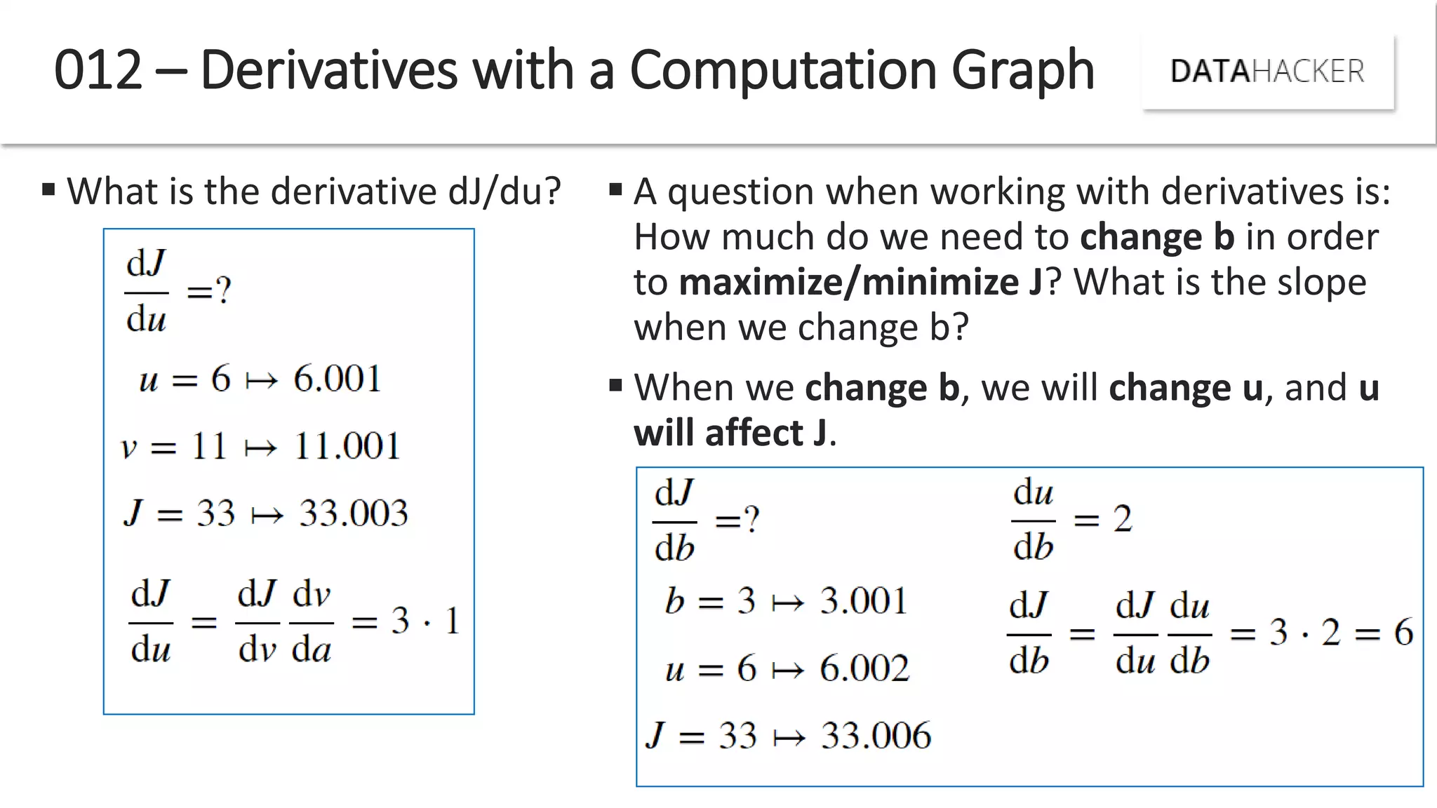 What is the derivative dJ/du?
012 – Derivatives with a Computation Graph
 A question when working with derivatives is:
How much do we need to change b in order
to maximize/minimize J? What is the slope
when we change b?
 When we change b, we will change u, and u
will affect J.
 