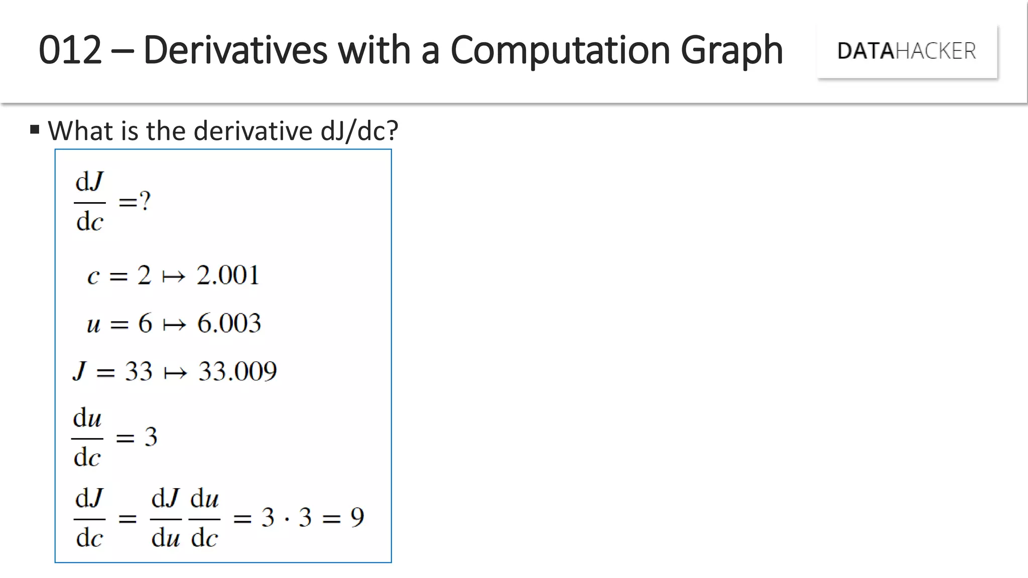  What is the derivative dJ/dc?
012 – Derivatives with a Computation Graph
 