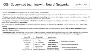 003 - Supervised Learning with Neural Networks
 You have some input X and you want to learn the function mapping to some output Y.
 So for example just now we saw the housing price prediction application where you input some features of a home and try to output or estimate the price Y.
 The single most lucrative application of deep learning today is online advertising. Neural networks have gotten very good at predicting whether or not you click
on an ad and by showing you and showing users the ads that you're most likely to click on.
 You might input an image and want to output an index from one to a thousand trying to tell you if this picture it might be any one of a thousand different
images so you might use that for photo tagging.
The recent progress in Speech recognition has also been very exciting where you can now input an audio clip to, a neural network can have it output a text
transcript.
 Machine translation has also made huge strikes thanks to deep learning where now you can have a neural network input an English sentence and directly
output their Chinese sentence.
 In Autonomous driving you might input then say a picture of what's in front of your car as well as some information from a radar and based on that maybe in
your network can be trained to tell you the position of the other cars on the road so this becomes a key component in autonomous driving systems.
Input(x) Output(y) Application
Home features Price Real Estate
Ad, user info Click on ad?(0/1) Online Advertising
Image O je t ,…., Photo tagging
Audio
English
Image, Radar info
Text transcript
Chinese
Position of other cars
Speech recognition
Machine translation
Autonomous driving
Standard Neural Network
Convolutional Neural Network
Custom / Hybrid Neural Network
Recurrent Neural Network
 