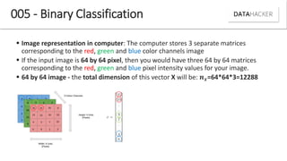 005 - Binary Classification
 Image representation in computer: The computer stores 3 separate matrices
corresponding to the red, green and blue color channels image
 If the input image is 64 by 64 pixel, then you would have three 64 by 64 matrices
corresponding to the red, green and blue pixel intensity values for your image.
 64 by 64 image - the total dimension of this vector X will be: =64*64*3=12288
 