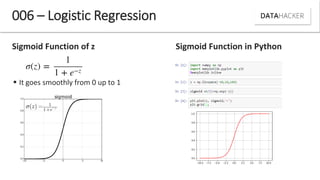 006 – Logistic Regression
Sigmoid Function of z
 It goes smoothly from 0 up to 1
Sigmoid Function in Python
 