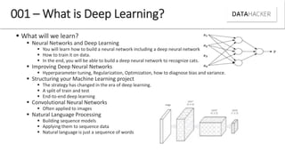  What will we learn?
 Neural Networks and Deep Learning
 You will learn how to build a neural network including a deep neural network.
 How to train it on data.
 In the end, you will be able to build a deep neural network to recognize cats.
 Improving Deep Neural Networks
 Hyperparameter tuning, Regularization, Optimization, how to diagnose bias and variance.
 Structuring your Machine Learning project
 The strategy has changed in the era of deep learning.
 A split of train and test
 End-to-end deep learning
 Convolutional Neural Networks
 Often applied to images
 Natural Language Processing
 Building sequence models
 Applying them to sequence data
 Natural language is just a sequence of words
001 – What is Deep Learning?
 