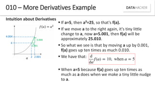 Intuition about Derivatives
010 – More Derivatives Example
2 2.001
4.004
4
0.004
0.001
 If a=5, then a²=25, so that's f(a).
 If we move a to the right again, it's tiny little
change to a, now a=5.001, then f(a) will be
approximately 25.010.
 So what we see is that by moving a up by 0.001,
f(a) goes up ten times as much 0.010.
 We have that:
 When a=5 because f(a) goes up ten times as
much as a does when we make a tiny little nudge
to a.
 