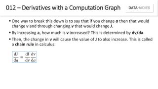 One way to break this down is to say that if you change a then that would
change v and through changing v that would change J.
 By increasing a, how much is v increased? This is determined by dv/da.
 Then, the change in v will cause the value of J to also increase. This is called
a chain rule in calculus:
012 – Derivatives with a Computation Graph
 